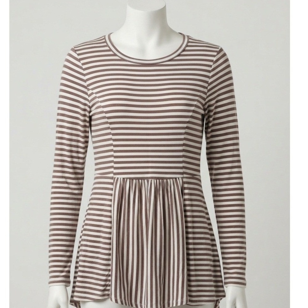 My Story Women Brown White Striped Babydoll Tunic Top Crochet Elbow Patches L